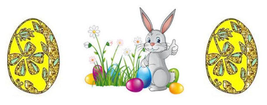 Ein gezeichneter Osterhase auf der grünen Wiese sitzend, eingerahmt von zwei Ostereiern.