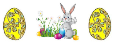 Ein gezeichneter Osterhase auf der grünen Wiese sitzend, eingerahmt von zwei Ostereiern.